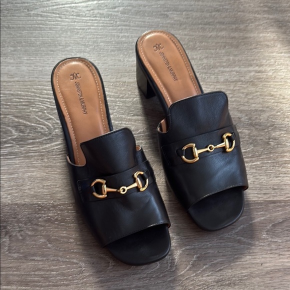 Johnston & Murphy Black Leather Sandals 11M Elegant Slip on Heeled Shoes - Picture 2 of 8